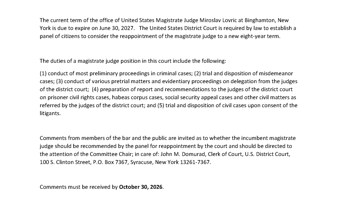  PUBLIC NOTICE FOR REAPPOINTMENT OF INCUMBENT MAGISTRATE JUDGE 