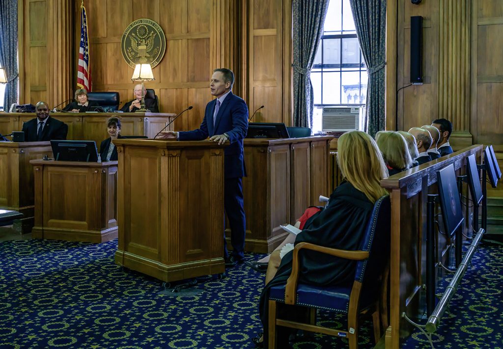 Steven Hurd speaks during the courtroom dedication ceremony honoring his father, Senior United States Judge David N. Hurd, on August 26, 2026, at the Alexander Pirnie Federal Building in Utica.